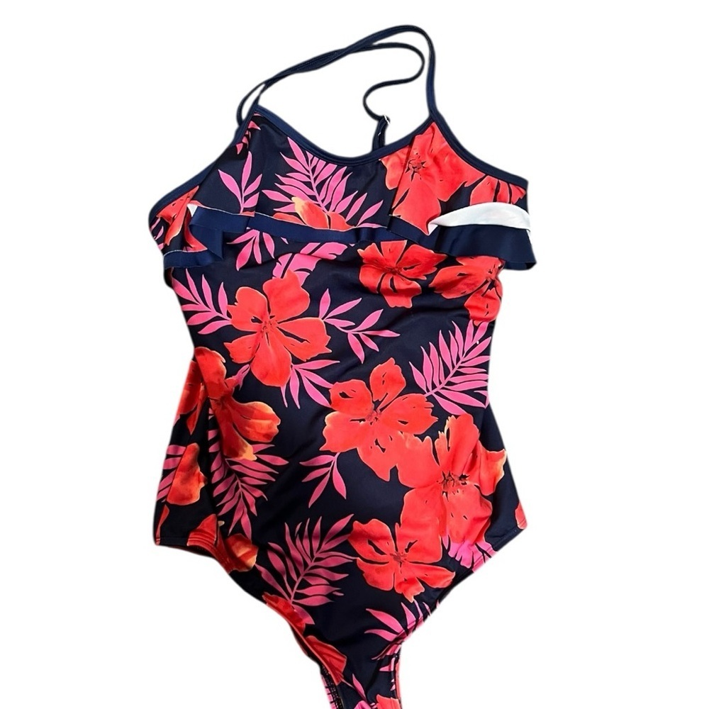 Lands End One Piece Swimsuit Size 16 Floral Red Pink Blue
